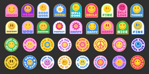 Cool Trendy Smile Stickers Pack Conjunto Groovy Y2K Patches Pop — Vetor de Stock