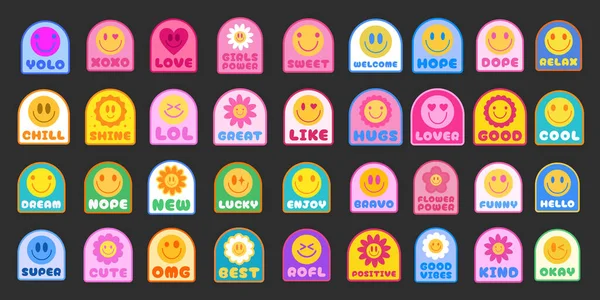 Cool Trendy Smile Stickers Pack Conjunto Parches Groovy Y2K Pop — Vector de stock