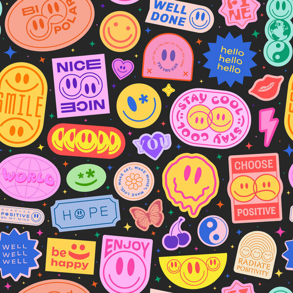 Cool Groovy Stickers Seamless Pattern. Y2k Patches Collage. Pop Art Illustration Vector Design. Funky Background.