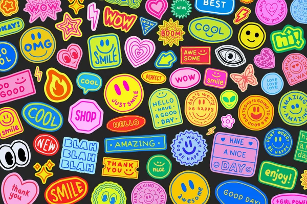 Coole Groovy Handgezeichnete Sticker Hintergrund Y2K Patches Collage Pop Art — Stockvektor
