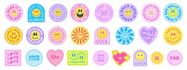 Stock vector Cool Y2K Stickers Pack Vector Design. Trendy Cute Girly Patches Collection. Smile Emotions.