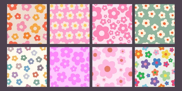 Cool Groovy Flower Seamless Pattern Set Vector Floral Repeat Texture — Stock Vector