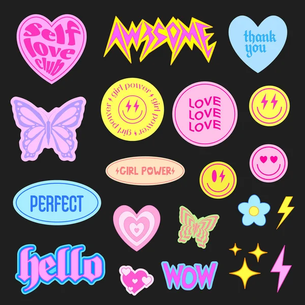 Set Cool Groovy Stickers Vector Design Collection Cute Smile Patches — Stock Vector
