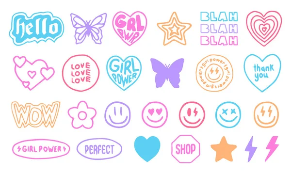 Cool Girly Stickers Pack Trendy Y2K Hand Drawn Patches Pop — Stock Vector