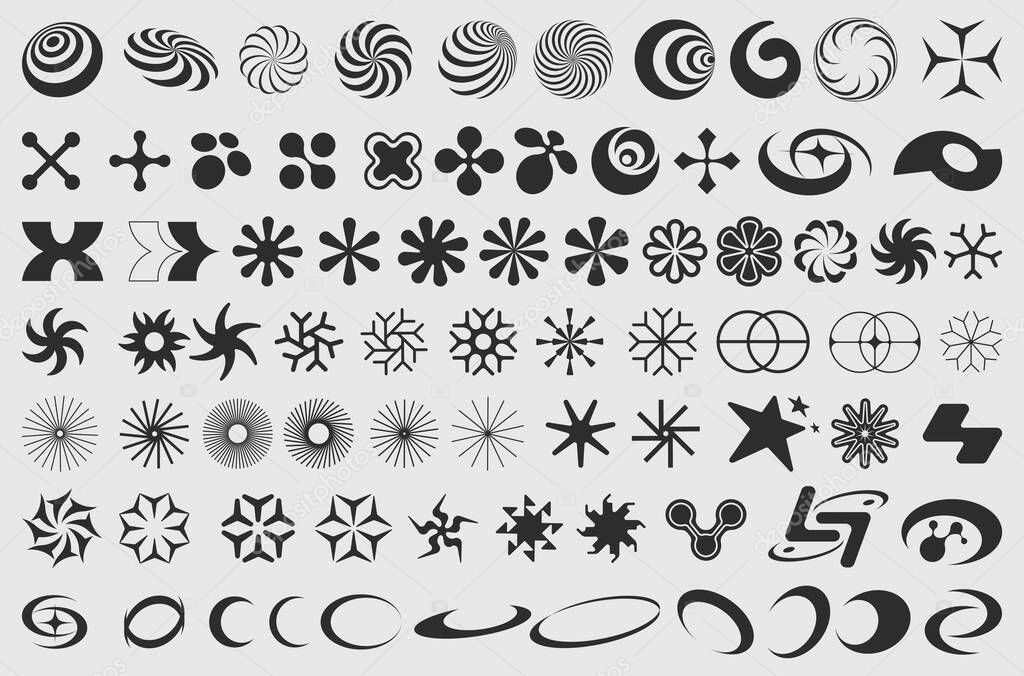 Cool Set Of Y2K Shapes Vector Design. Modern Geometric Signs Collection. Pack Of Abstract Figures. Rave Acid Graphic. Streetwear Elelements.