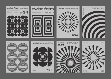 İsviçre Tasarımı, Poster Vektör İllüstrasyonundan İlham Aldı. Cool Geometric Soyut Modernist Pankartlar. Avangart Geometrik Çizim. Çağdaş Sanat Bauhaus Şekilleri.