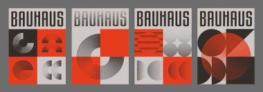 Havalı Soyut Geometrik Posterler Seti. Bauhaus YarıTonlama Şekil Vektörü Tasarımı. Retro Geometrical Placard. Desenli Şekiller.
