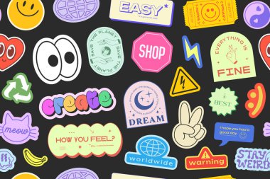 Cool Y2k Çıkartmaları Kolajsız Kolaj Kalıbı. Yamalı Moda Retro Harika Çizgi Arkaplanı.