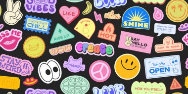Cool Stickers Collage Y2K Seamless Pattern. Trendy patches background retro style. Pop Art Graphic Elements. clipart