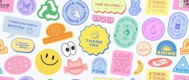 Cool Stickers Kolajı Y2K Kusursuz Desen. Moda, arka plan retro tarzını belirler. Pop Art Grafik Elementleri.