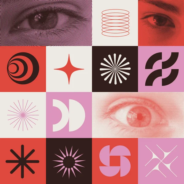 Bauhaus几何图案矢量设计 酷酷的瑞士设计背景 半色调的眼睛 当代几何艺术品 — 图库矢量图片#