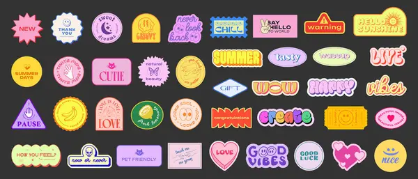 Set Y2K Stickers Vector Design Cool Pop Art Elements Trendy — Stock Vector
