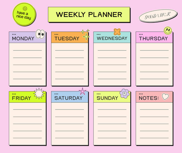Cool Modern Weekly Planner Y2k Style. Векторный дизайн печатных форм. 