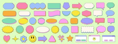 Cool Y2k Çıkartmalı Geometrik Şekiller. Vector Pop Sanat Elementleri. Moda Buhar Dalgası Grafikleri. Modaya uygun yamalar.