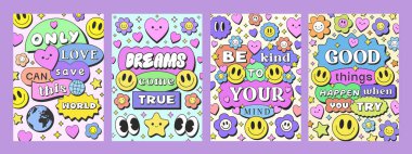 Havalı Gülücüklü Pop Sanat Posterleri Koleksiyonu. Moda 2000 modelleri dizisi. Funky Retro Pankartları.