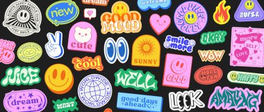 Cool Y2k Estetik Etiketler Kolaj Vektörü İllüstrasyonu. Moda Sevimli Gülücük Yamaları Paketi. Comic Pop Art Grafik Gesign Elementleri. 