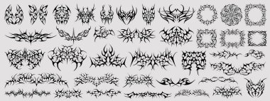 Grunge Y2k dövmeli sokak giyimi koleksiyonu. Gotik Neo Kabilesinin Sigilizm Şekilleri Vektör Tasarımı.