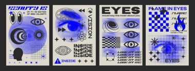 Cool Y2k Asit Posterleri Vektör Tasarımı. Fütürist Siberpunk Çizimleri Koleksiyonu. Göz Yarısı Tonu Tasarımı.