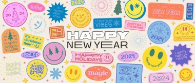 Cool Christmas Stickers Collage Background. Set Of Y2k Smile Happy New Year 2024 Patches Vector Design. Pop Art Elements. clipart