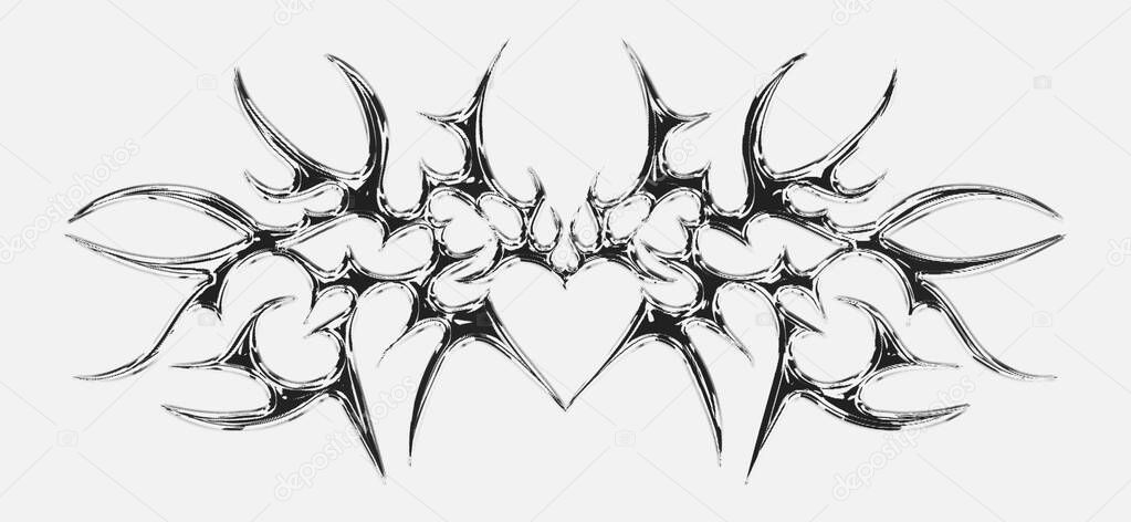 Cool Y2k Neo Tribal Heart Chrome Metal Sign Vector Design. Cyber Sigilism Love Graphic Element.
