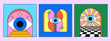 Harika Göz Posteri Vektör Tasarımı. Moda Soyut Geometrik Retro Plakart. Y2k Görüntü.