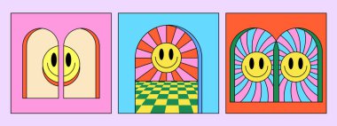 Cool Groovy Retro Posteri. Popüler Popüler Sanat Gülümseme Kokulu Pankart. Soyut Geometrik Asgari Çizim Y2k Biçimi.