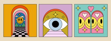 Cool Groovy Retro Posteri. Popüler Popüler Sanat Gülümseme Kokulu Pankart. Soyut Geometrik Asgari Çizim Y2k Biçimi.