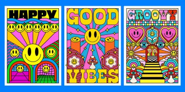 Harika posterler seti. Y2k Soyut Desen Vektör Tasarımı Koleksiyonu. Pop Art Illustration.