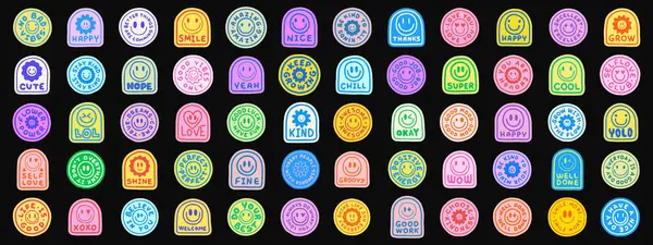 Cool Hand Drawn Retro Çıkartma Vektör Tasarımı. Y2k Patches Pop Art Style seti. Gülen Duygusal Komik Rozetler.