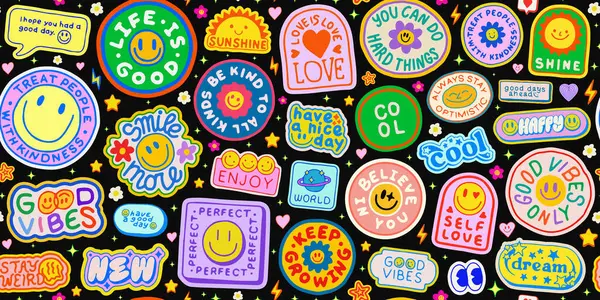 stock vector Cute Good Vibes Smile Patches Seamless Pattern Vector Design. Cool Hand Drawn Y2k Stickers Collage. Pop Art Illustration.