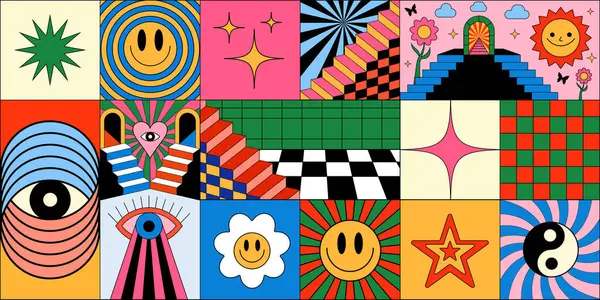 Soyut Bauhaus Dâhiyane Özgeçmişi. Moda Y2k Geometrik Kolaj Çizimi. Gülümseyen Poster Sanatı.