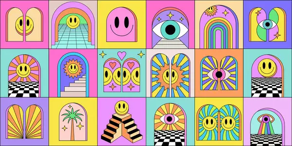 Soyut Bauhaus Dâhiyane Özgeçmişi. Moda Y2k Geometrik Kolaj Çizimi. Gülümseyen Poster Sanatı.