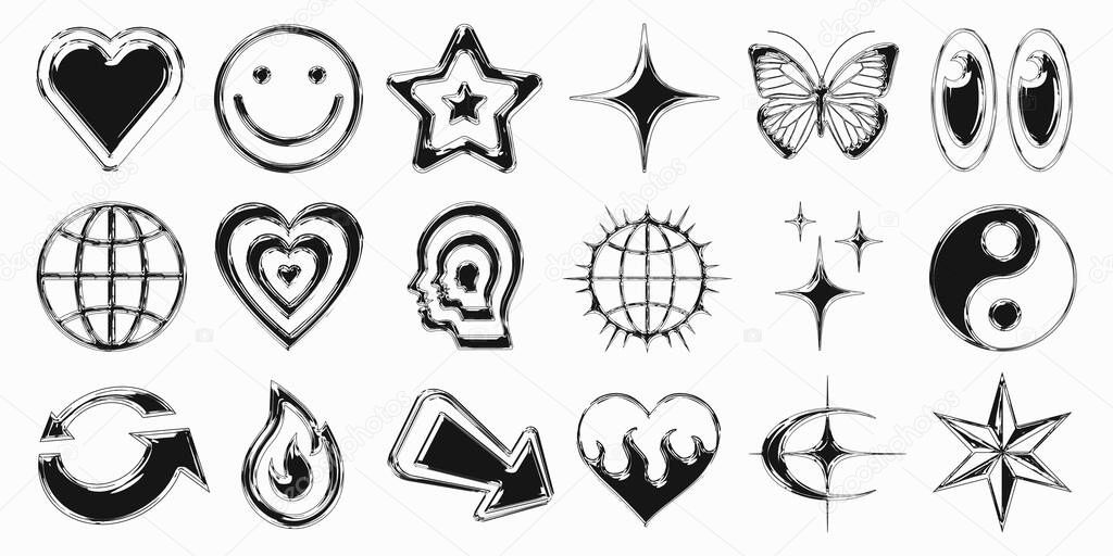 Cool Trendy Y2k Icon Signs Vector Design. Chrome Cyber Punk Symbols.