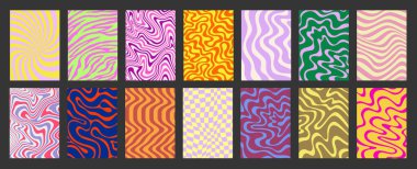 Soyut Geometrik Posterler Ayarlandı. Harika Pankartlar Vektör Tasarımı. Y2k Trippy Wavy Doku Koleksiyonu. Oyuncu Komik Kapaklar.