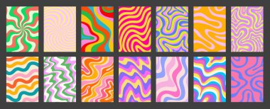 Soyut Geometrik Renkli Posterler Ayarlandı. Harika Pankartlar Vektör Tasarımı. Y2k Parlak Dalgalı Doku Koleksiyonu. Oyuncu Komik Kapaklar.