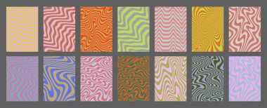 Cool Acid Geometrik Dalgalı Çizgiler Dokuma Kümesi. Trippy Y2k Psychedelic Stripes Vektör Tasarımı. Optik İllüzyon Sanat Kapakları Koleksiyonu.