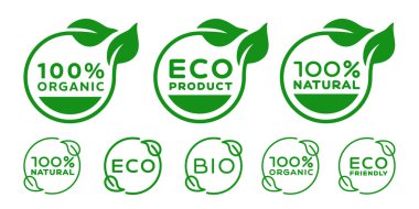 Çevre dostu ikonlar seti. Ekolojik gıda kuponları. Organik doğal gıda etiketleri. Biyolojik Rozetler.
