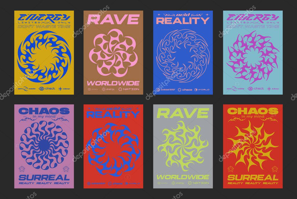 Set of Abstract Y2k Posters Vector Design. Cool Futuristic Placards. Streetwear Surreal Rave Graphic Elements. Brutalist Retro Vintage Pattern.