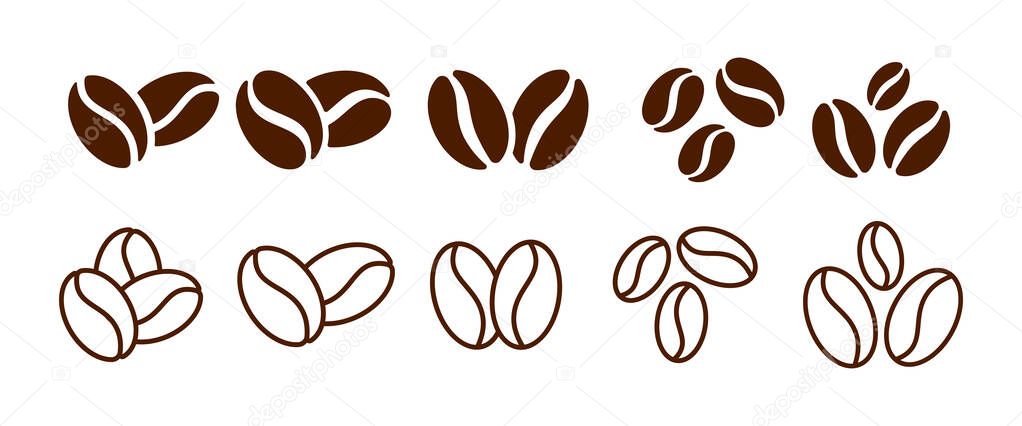 Coffee Beans Icon Signs Set. Caffeine Logo Symbol Vector Design.
