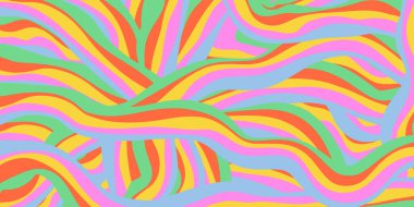 Gökkuşağı Dalgalı Soyut Arka Taraf. Havalı Renkli Oyuncu dokusu. Şahane Psikedelik Çizgiler. Y2k Komik Vektör dokusu. Pop Art Retro Bg.