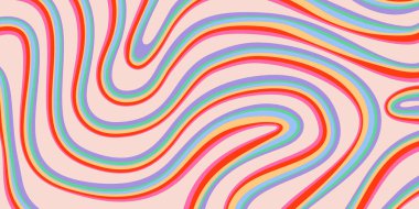 Gökkuşağı Dalgalı Soyut Arka Taraf. Havalı Renkli Oyuncu dokusu. Şahane Psikedelik Çizgiler. Y2k Komik Vektör dokusu. Pop Art Retro Bg.