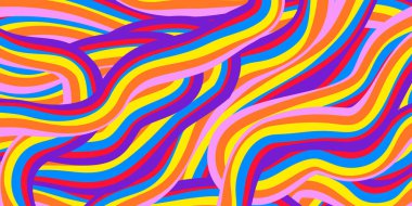 Gökkuşağı Dalgalı Soyut Arka Taraf. Havalı Renkli Oyuncu dokusu. Şahane Psikedelik Çizgiler. Y2k Komik Vektör dokusu. Pop Art Retro Bg.