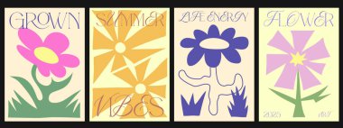 Soyut Çiçek Posterleri seti. Harika Çiçek Şekil Vektör Tasarımı Koleksiyonu. Serin Çiçek Şirin Sanat Pankartları. 