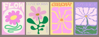 Soyut Çiçek Posterleri seti. Harika Çiçek Şekil Vektör Tasarımı Koleksiyonu. Serin Çiçek Şirin Sanat Pankartları. 