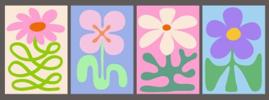 Soyut Çiçek Posterleri seti. Harika Çiçek Şekil Vektör Tasarımı Koleksiyonu. Serin Çiçek Şirin Sanat Pankartları. 