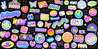 Cool Y2k Holografik Çıkartmalar Kolajı Kusursuz Desen Vektör Tasarımı. Moda Pop Sanatı Geleceği Yamaları Arkaplanı.