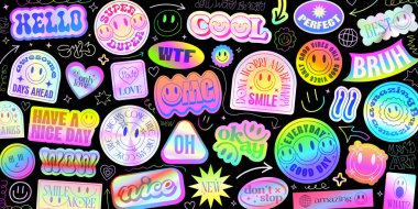 Güzel Y2k Holograf Çıkartmaları Kolajı. Pop Art Futuristik Pop Sanat Yamaları Vektör Tasarımı.