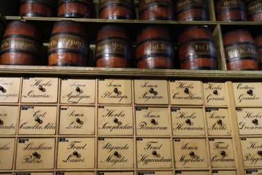 Amsterdam, Hollanda. Kasım 2022. Bir eczanenin antika iç mekanı. Yüksek kalite fotoğraf