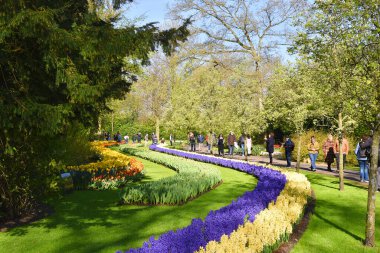 Lisse, Hollanda 'dan. Nisan 2023. Hollanda 'da büyük bir bahar bahçesi olan Keukenhof' u ziyaret edenler. Yüksek kalite fotoğraf