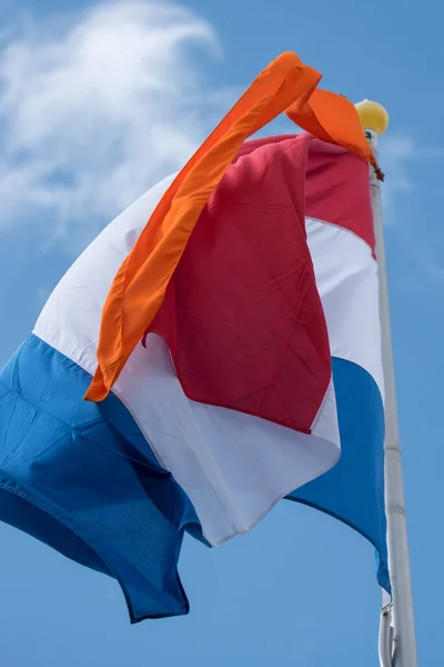 Den Helder Netherlands May 2023 Flying Dutch Flag Orange Banner — Stock Photo, Image